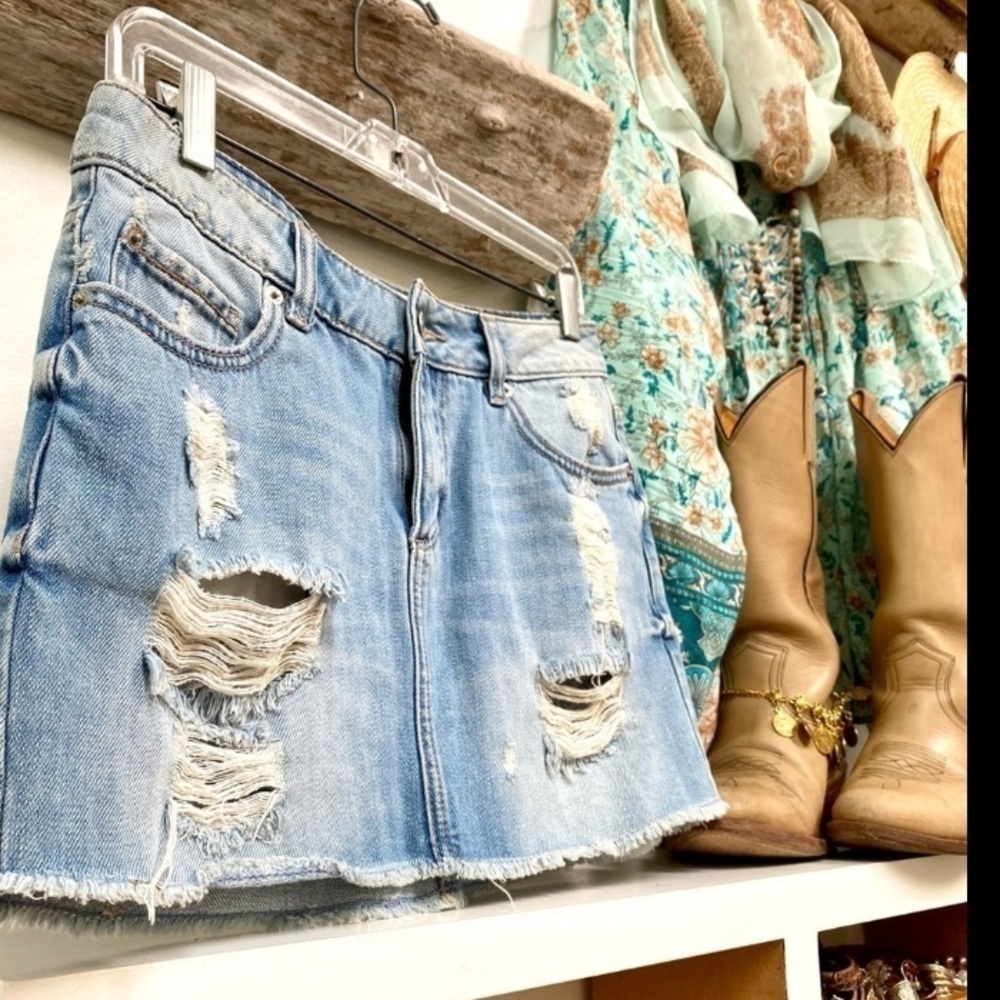 Trendy distressed rustic denim/jean boho mini skirt w country/ western vibe